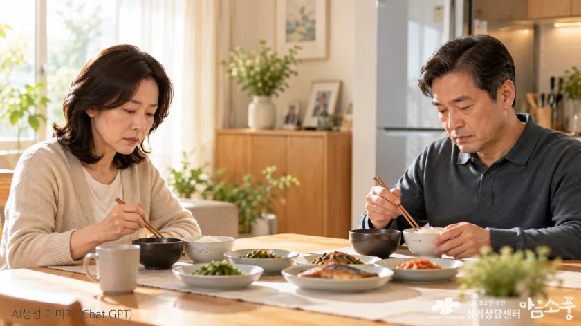 마주하는 식사 시간에 침묵하는 부부